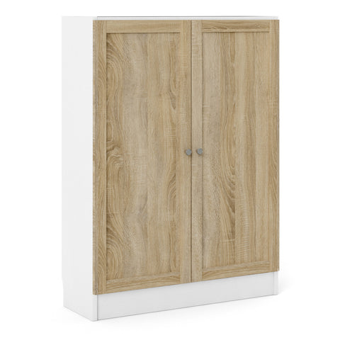 Basic Low Wide Storage Cabinet in White (2 Shelves) with 2 Oak Doors — front view