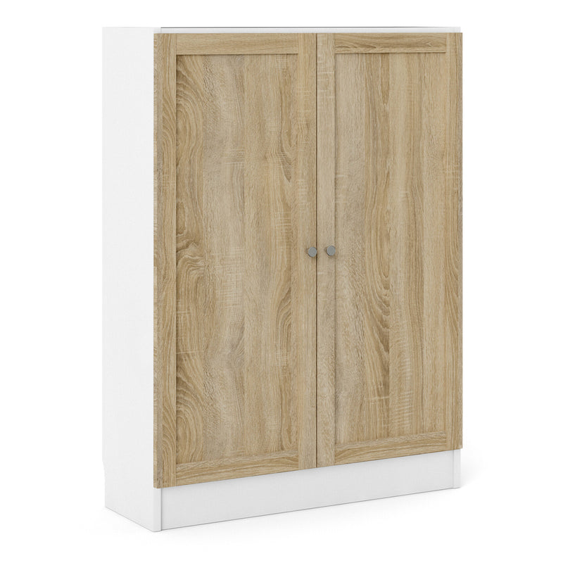 Basic Low Wide Storage Cabinet in White (2 Shelves) with 2 Oak Doors — front view