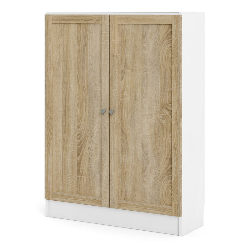 Basic Low Wide Storage Cabinet in White (2 Shelves) with 2 Oak Doors — side angle