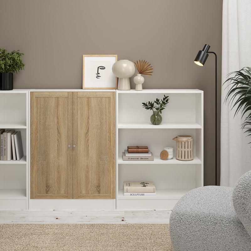 Basic Low Wide Storage Cabinet in White (2 Shelves) with 2 Oak Doors — alternative angle