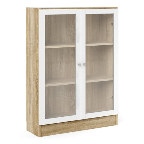 Basic Low Wide Display Cabinet in Oak (2 Shelves) with 2 Glass Doors in White — front view