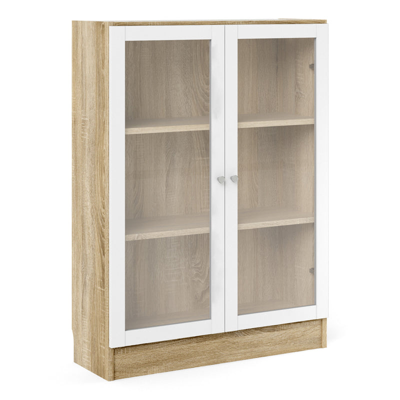 Basic Low Wide Display Cabinet in Oak (2 Shelves) with 2 Glass Doors in White — front view