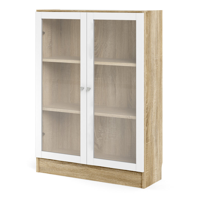 Basic Low Wide Display Cabinet in Oak (2 Shelves) with 2 Glass Doors in White — side angle
