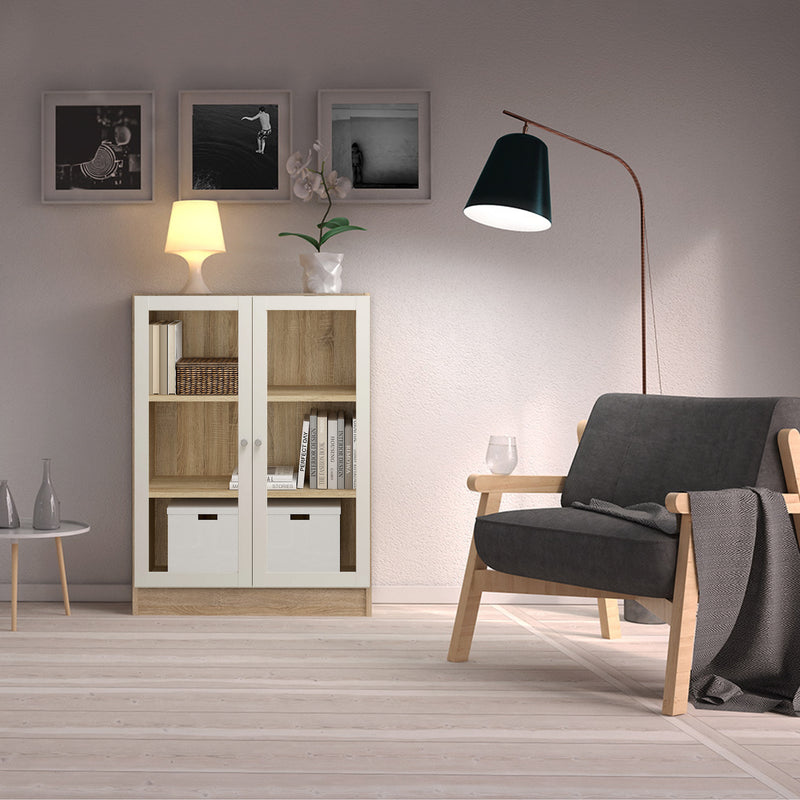 Basic Low Wide Display Cabinet in Oak (2 Shelves) with 2 Glass Doors in White — view 3l