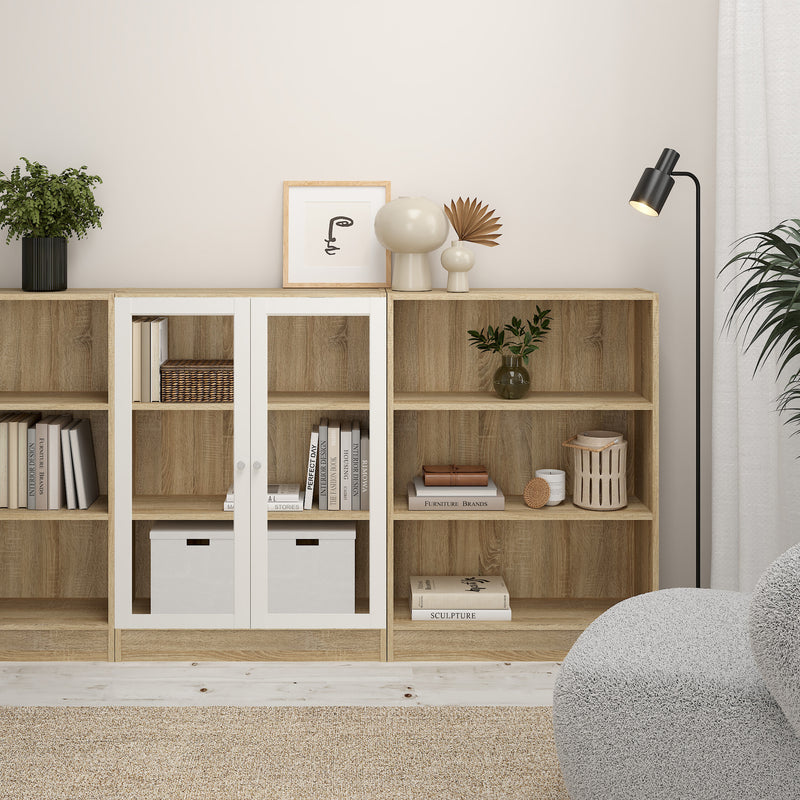 Basic Low Wide Display Cabinet in Oak (2 Shelves) with 2 Glass Doors in White — alternative angle
