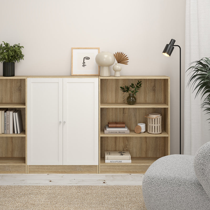 Basic Low Wide Storage Cabinet in Oak (2 Shelves) with 2 White Doors — alternative angle