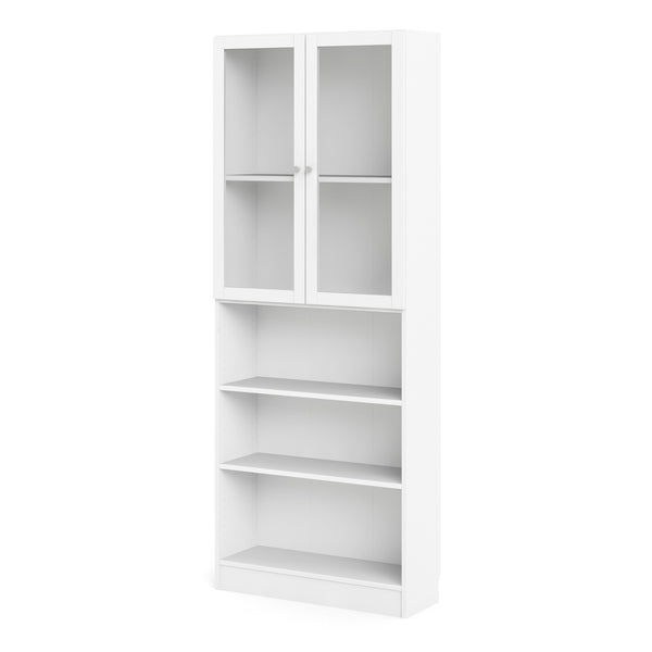 Basic Tall Wide Display Cabinet in White (4 Shelves) with 2 Glass White Doors