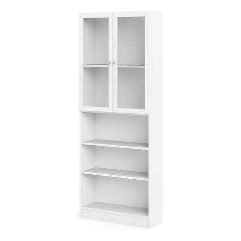Basic Tall Wide Display Cabinet in White (4 Shelves) with 2 Glass White Doors — side angle