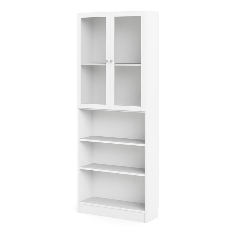 Basic Tall Wide Display Cabinet in White (4 Shelves) with 2 Glass White Doors — side angle