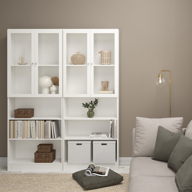 Basic Tall Wide Display Cabinet in White (4 Shelves) with 2 Glass White Doors — alternative angle