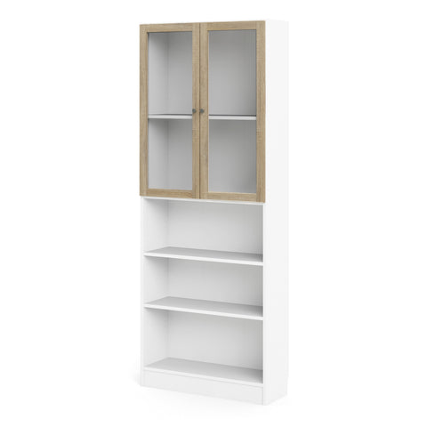 Basic Tall Wide Display Cabinet in White (4 Shelves) with 2 Glass Oak Doors — side angle
