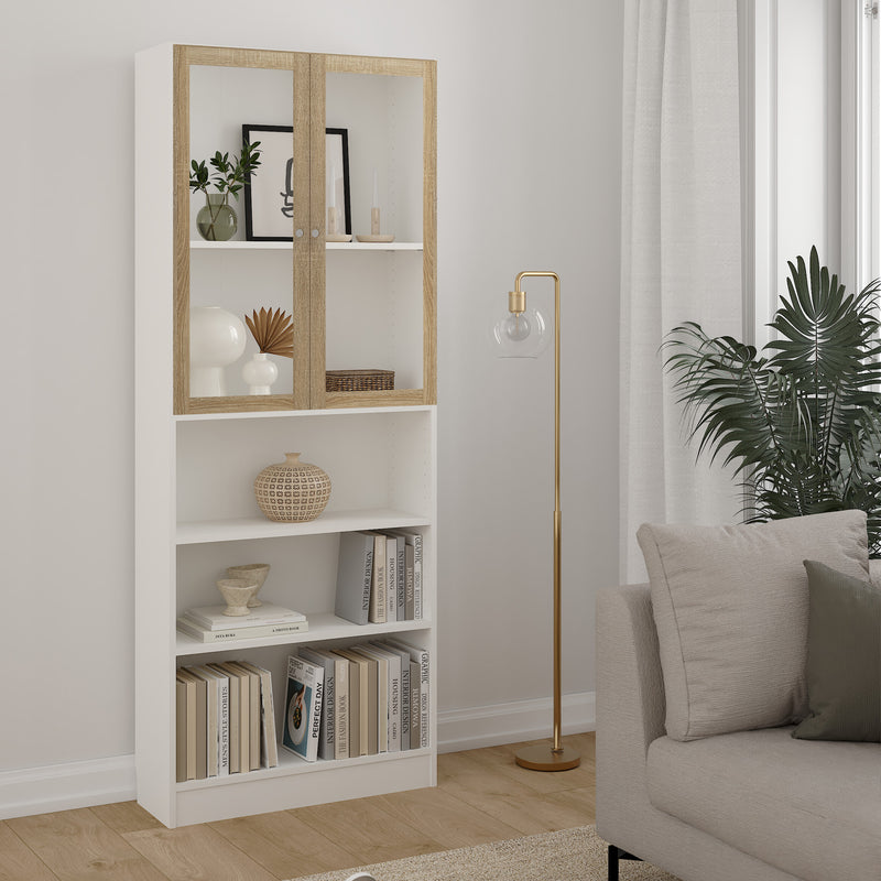 Basic Tall Wide Display Cabinet in White (4 Shelves) with 2 Glass Oak Doors — view 3l
