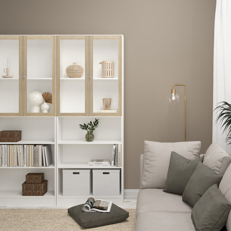 Basic Tall Wide Display Cabinet in White (4 Shelves) with 2 Glass Oak Doors — alternative angle