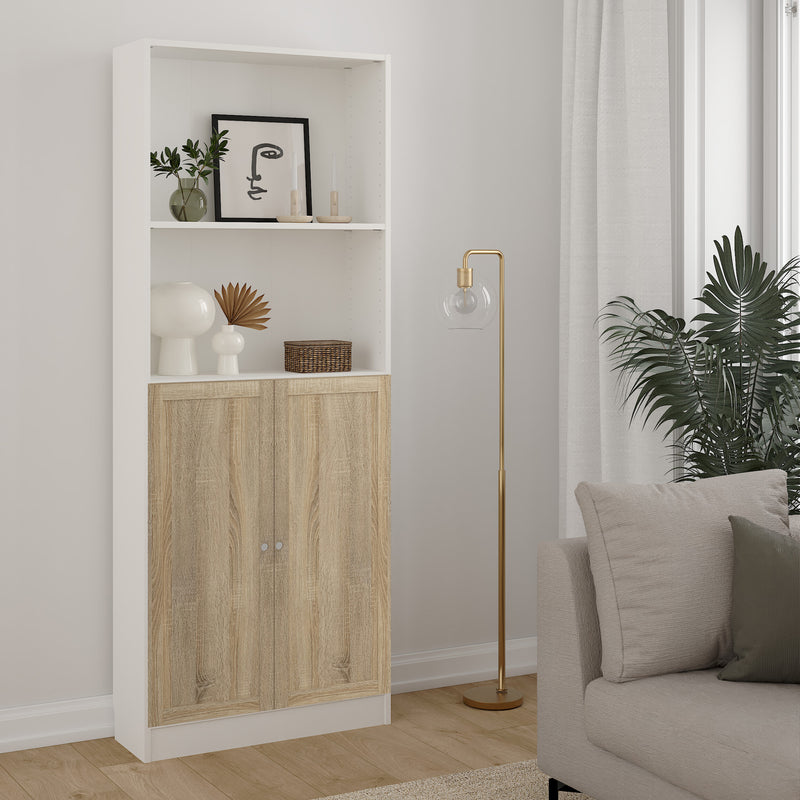Basic Tall Wide Combination Storage in White (4 Shelves) with 2 Oak Doors — view 4l