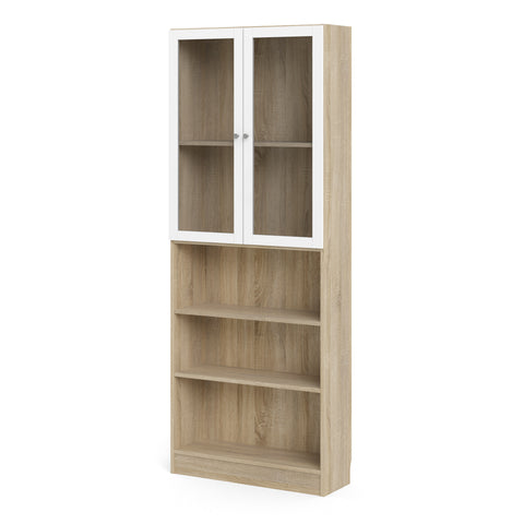 Basic Tall Wide Display Cabinet in Oak (4 Shelves) with 2 Glass White Doors — side angle