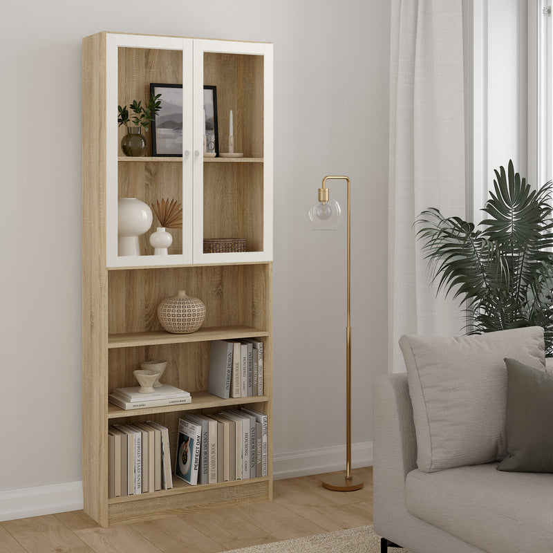 Basic Tall Wide Display Cabinet in Oak (4 Shelves) with 2 Glass White Doors — view 3l