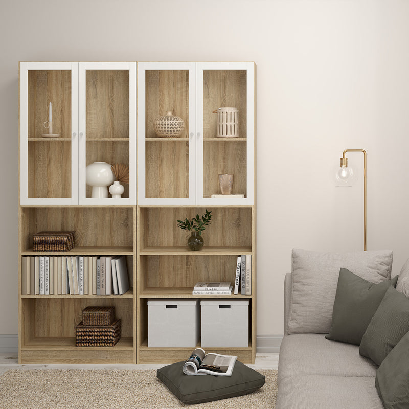 Basic Tall Wide Display Cabinet in Oak (4 Shelves) with 2 Glass White Doors — alternative angle