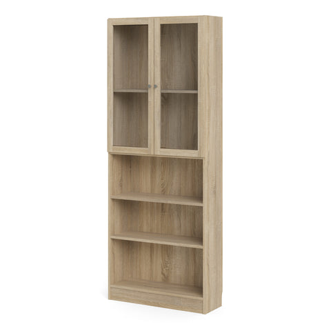 Basic Tall Wide Display Cabinet in Oak (4 Shelves) with 2 Glass Oak Doors — side angle