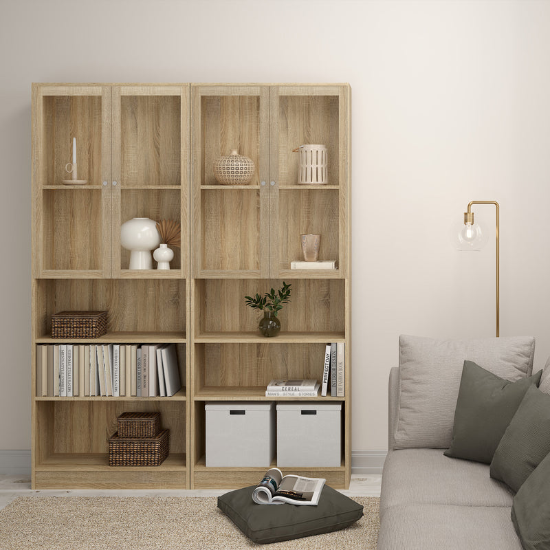 Basic Tall Wide Display Cabinet in Oak (4 Shelves) with 2 Glass Oak Doors — alternative angle