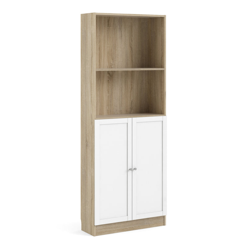 Basic Tall Wide Combination Storage in Oak (4 Shelves) with 2 Doors in White — front view
