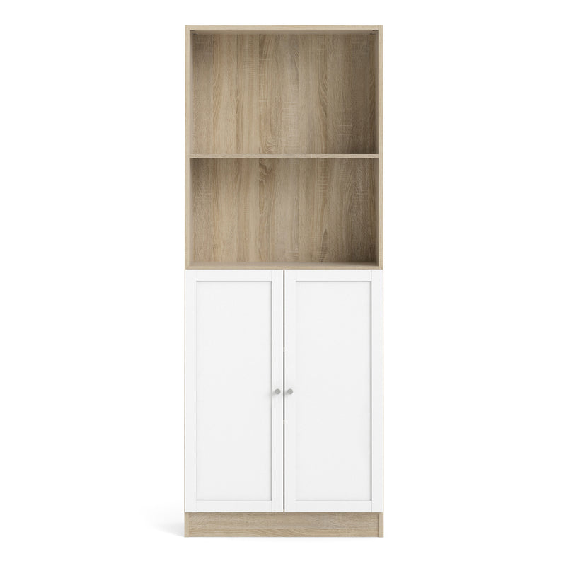 Basic Tall Wide Combination Storage in Oak (4 Shelves) with 2 Doors in White — side angle