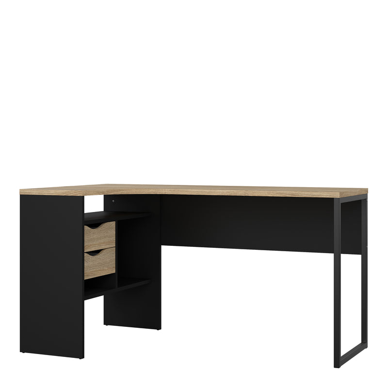 Function Plus Corner Desk 2 Drawers in Black Matt and Oak — front view