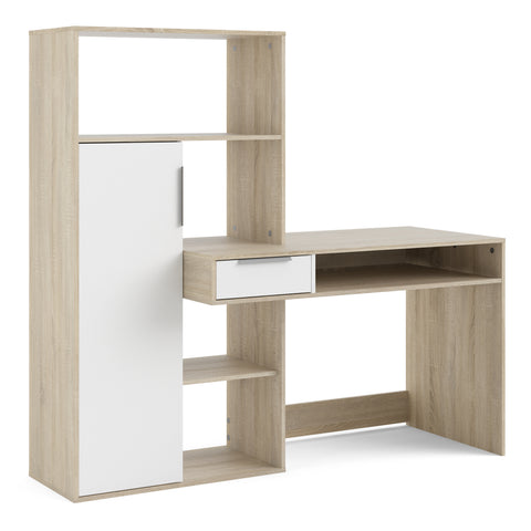 Function Plus Desk Multi Functional Desk with Drawer and 1 Door in White and Oak — front view