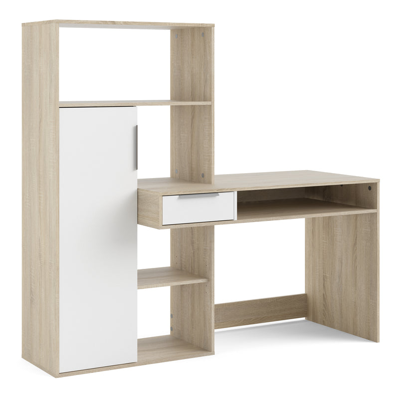 Function Plus Desk Multi Functional Desk with Drawer and 1 Door in White and Oak — front view