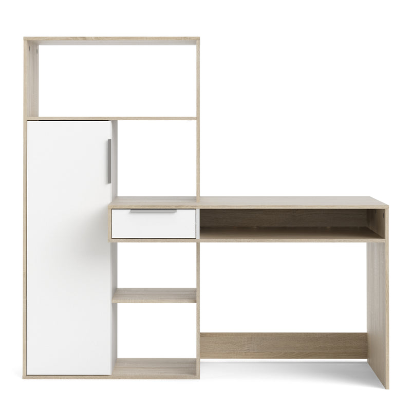 Function Plus Desk Multi Functional Desk with Drawer and 1 Door in White and Oak — side angle