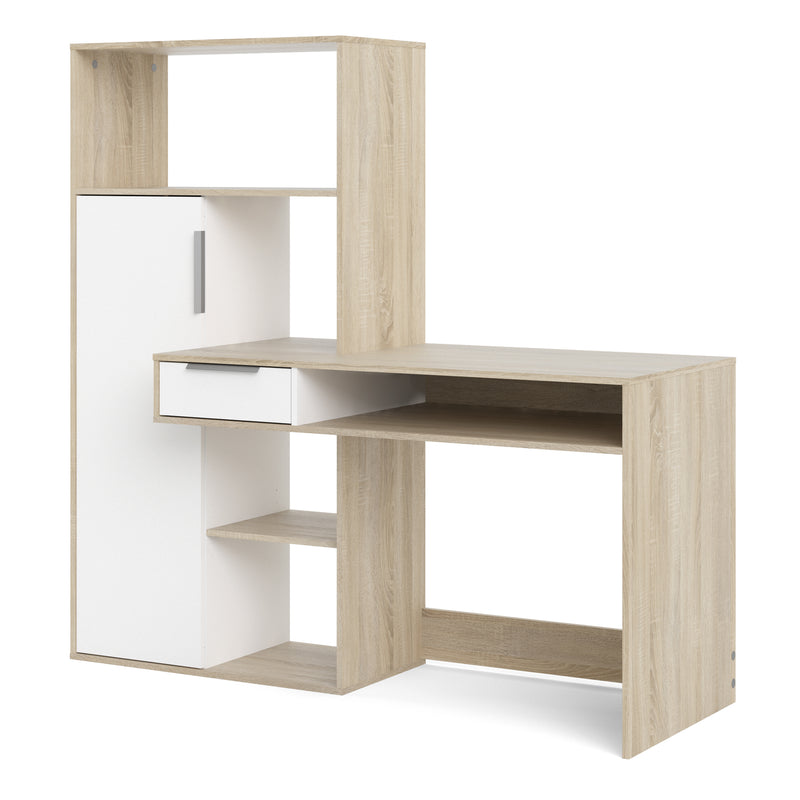 Function Plus Desk Multi Functional Desk with Drawer and 1 Door in White and Oak — detail view