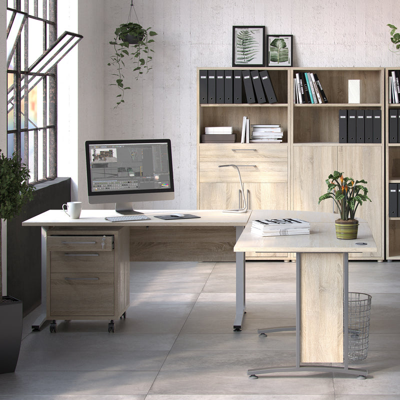 Prima Desk 150cm in Oak with Height Adjustable Legs with Electric Control in Silver Grey Steel — detail view