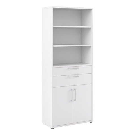 Prima Bookcase 3 Shelves with 2 Drawers 2 Doors In White — front view