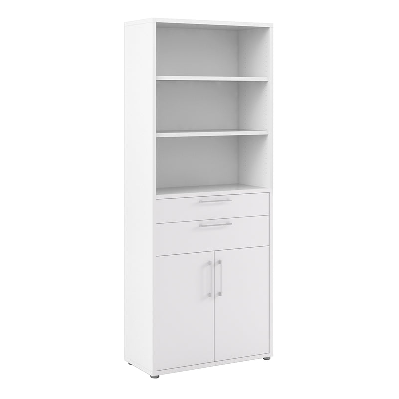 Prima Bookcase 3 Shelves with 2 Drawers 2 Doors In White — front view