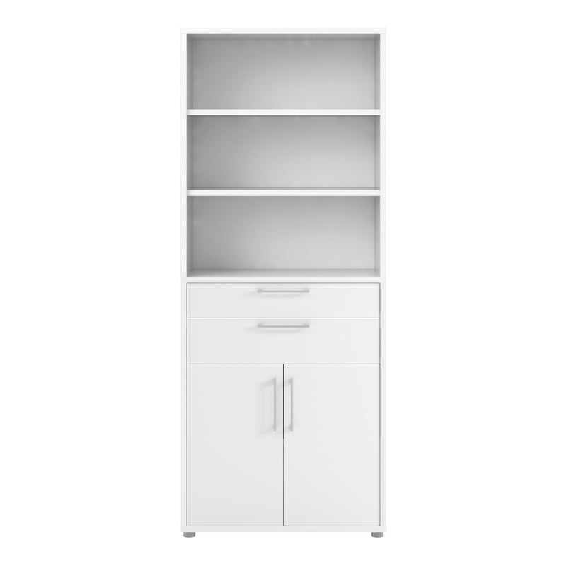 Prima Bookcase 3 Shelves with 2 Drawers 2 Doors In White — side angle