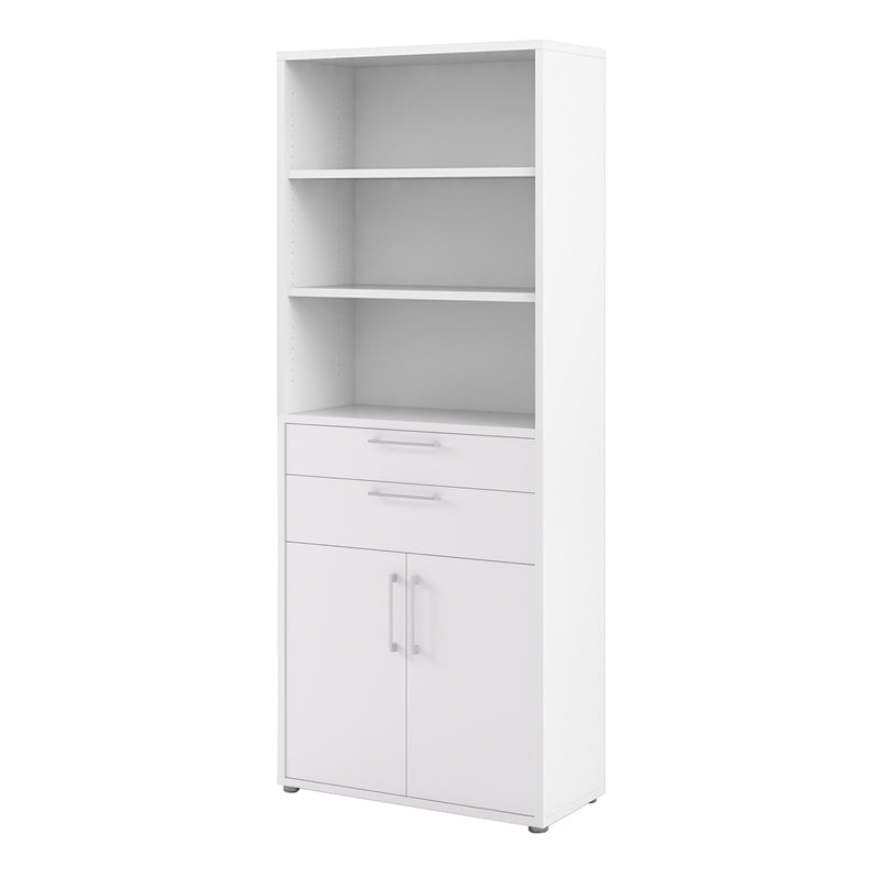 Prima Bookcase 3 Shelves with 2 Drawers 2 Doors In White — detail view