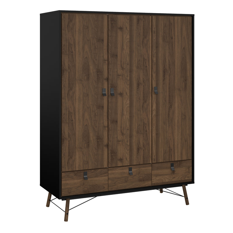 Ry Wardrobe 3 Doors 3 Drawers in Matt Black Walnut — front view