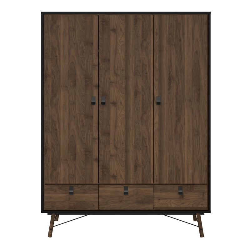 Ry Wardrobe 3 Doors 3 Drawers in Matt Black Walnut — side angle
