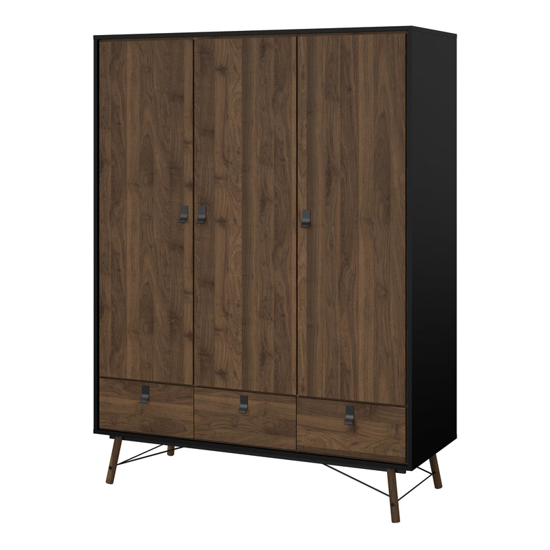 Ry Wardrobe 3 Doors 3 Drawers in Matt Black Walnut — detail view