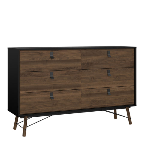 Ry Wide Double Chest of Drawers 6 Drawers in Matt Black Walnut — front view