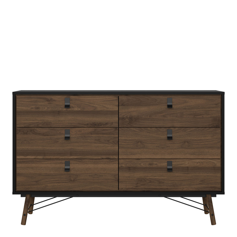 Ry Wide Double Chest of Drawers 6 Drawers in Matt Black Walnut — side angle