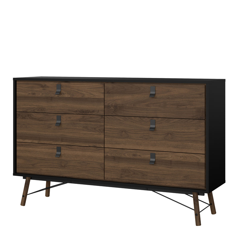 Ry Wide Double Chest of Drawers 6 Drawers in Matt Black Walnut — detail view