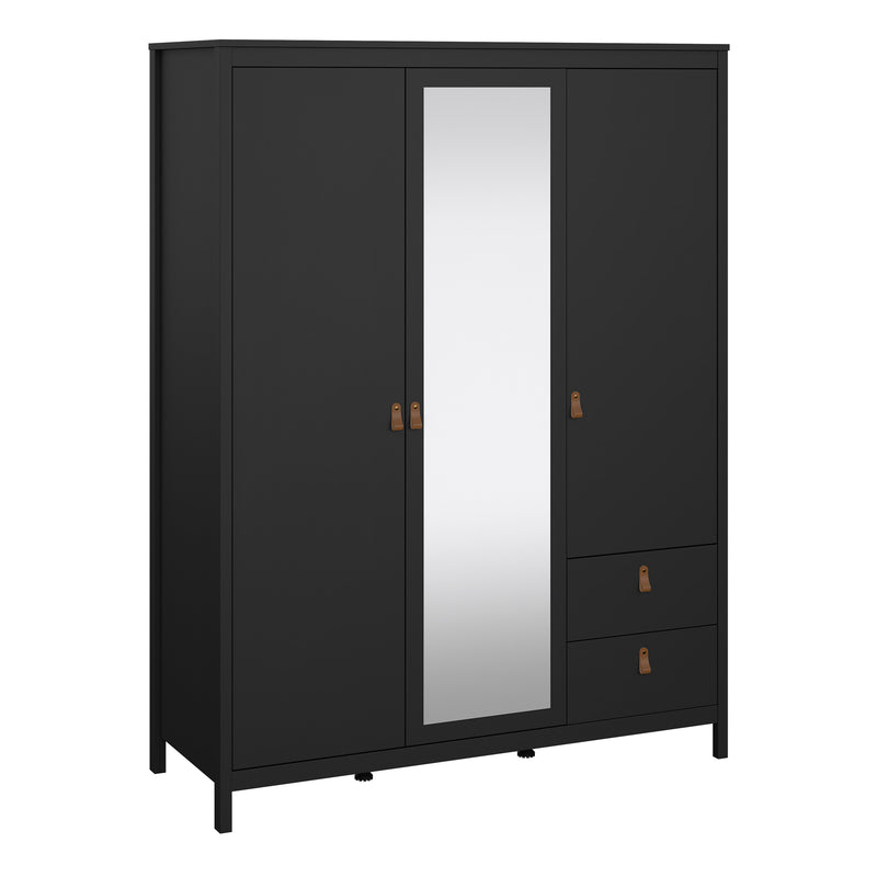 Barcelona Wardrobe with 2 Doors 1 Mirror Door 2 Drawers in Matt Black — front view