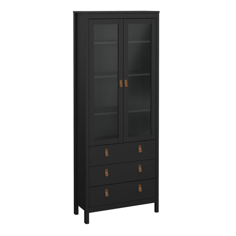 Barcelona China Cabinet 2 Glass Doors with 3 Drawers in Matt Black — front view