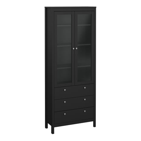 Madrid China Cabinet 2 Glass Doors with 3 Drawers in Matt Black — front view