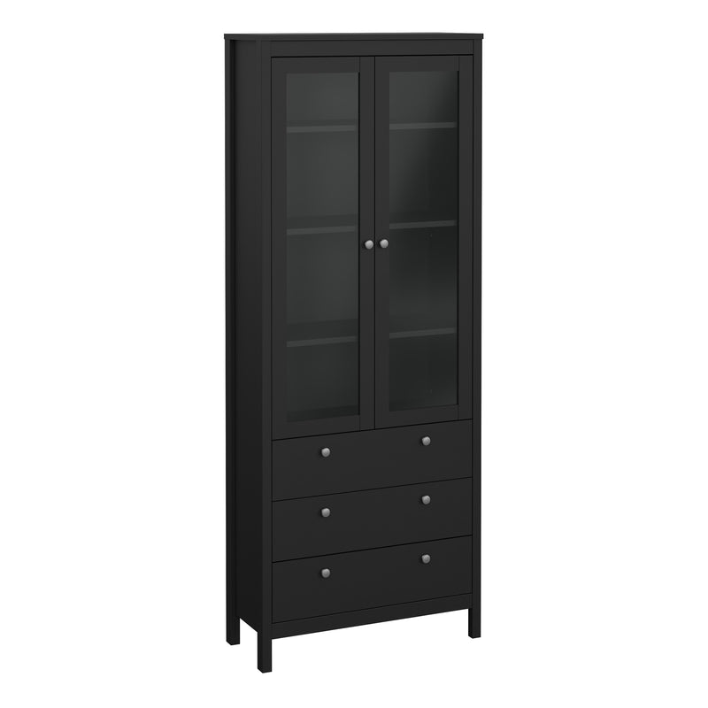 Madrid China Cabinet 2 Glass Doors with 3 Drawers in Matt Black — front view