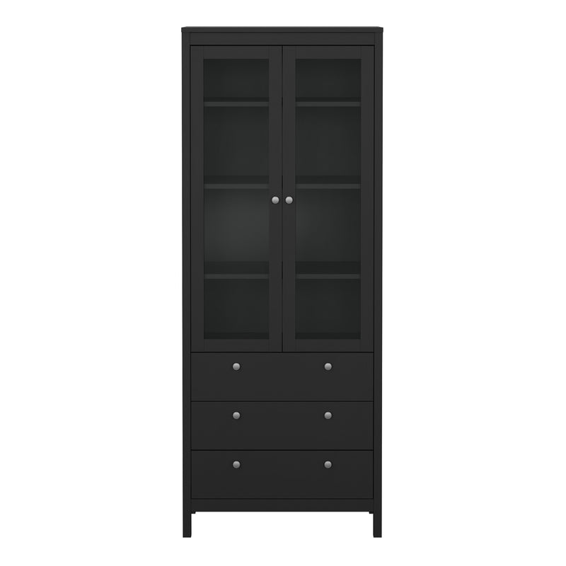 Madrid China Cabinet 2 Glass Doors with 3 Drawers in Matt Black — side angle