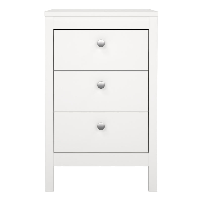 Madrid Bedside Table 3 Drawers in White — side angle