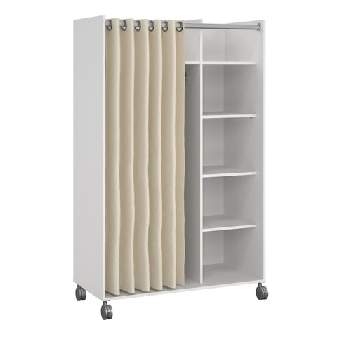 Uppsala Open Mobile Wardrobe Unit in White with a Beige Textile Curtain on Wheels — front view