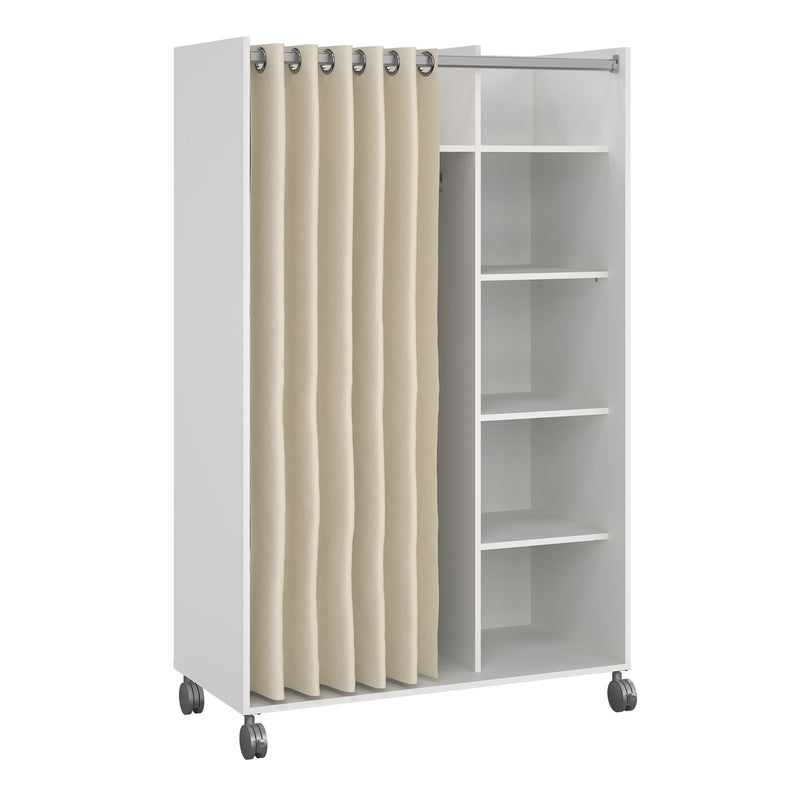 Uppsala Open Mobile Wardrobe Unit in White with a Beige Textile Curtain on Wheels — front view