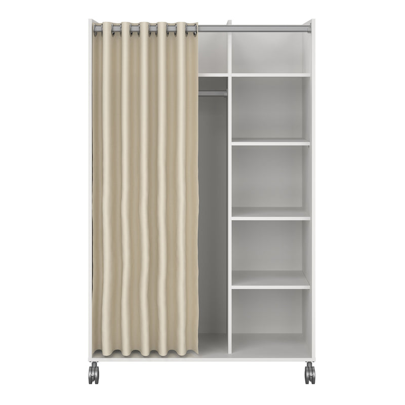 Uppsala Open Mobile Wardrobe Unit in White with a Beige Textile Curtain on Wheels — side angle